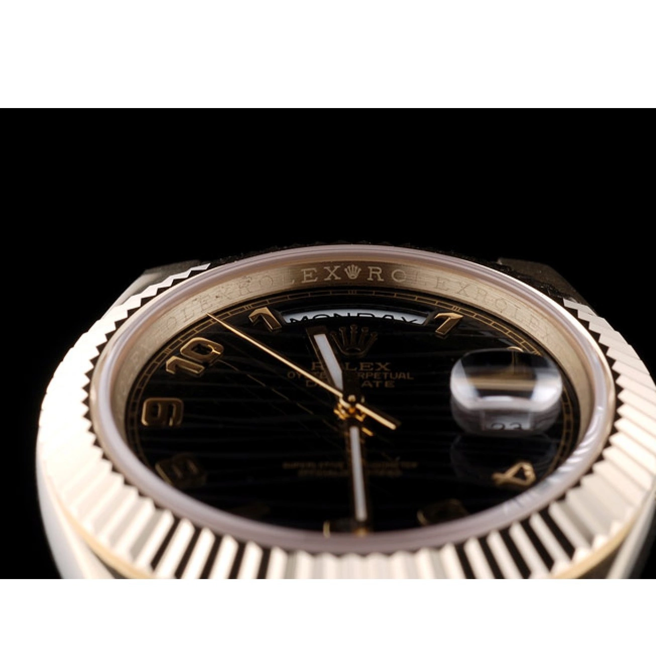 Aaa replica watch Steel Bezel Gold Swiss DayDate Stainless Dial Ribbed Rolex Black 41998 0726